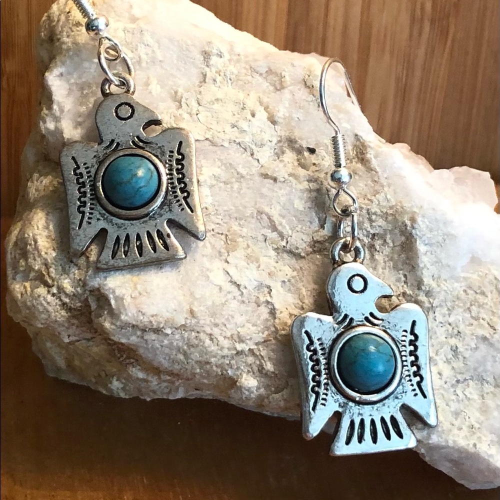 New Silver Turquoise Eagle Earrings